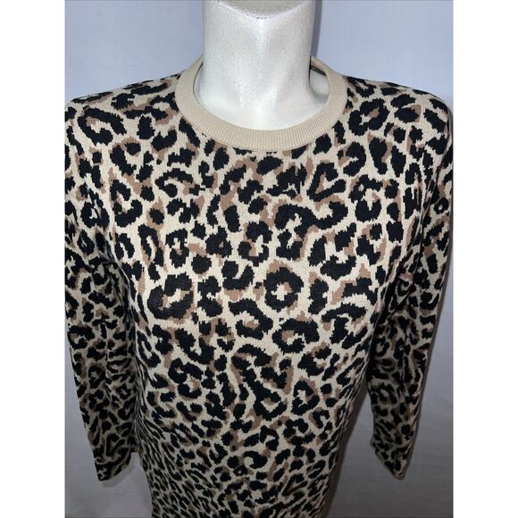 J Crew Tan Brown Leopard Animal Print Sweater Knit Pullover Shift Dress Size M - Picture 2 of 9
